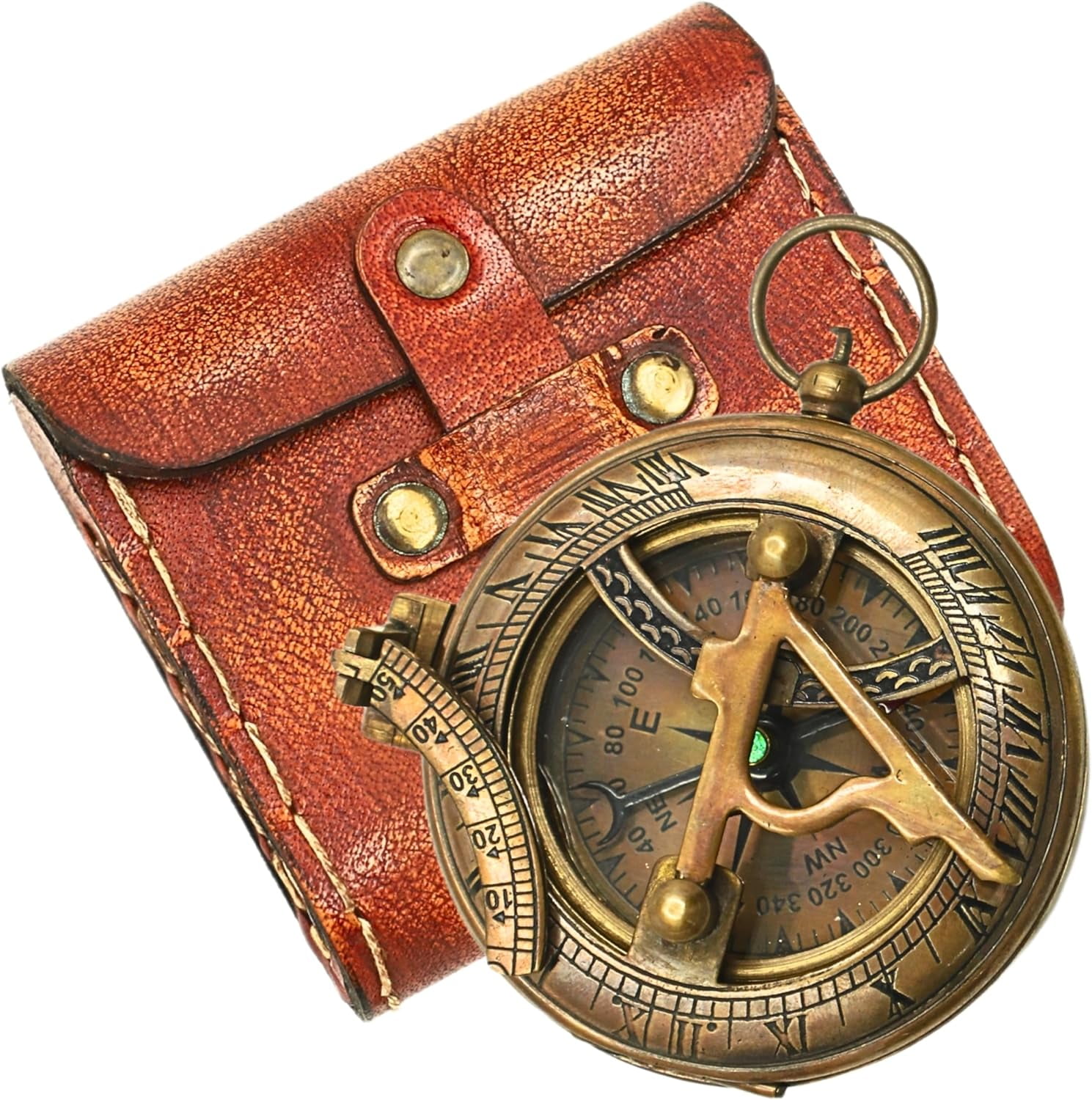 Nautical Sundial Pocket Compass with Leather Case | Compass for Camping, Hiking, Touring - Engraved Gift for Him - Nautical Ship Replica Watch - Sundial Clock in Box