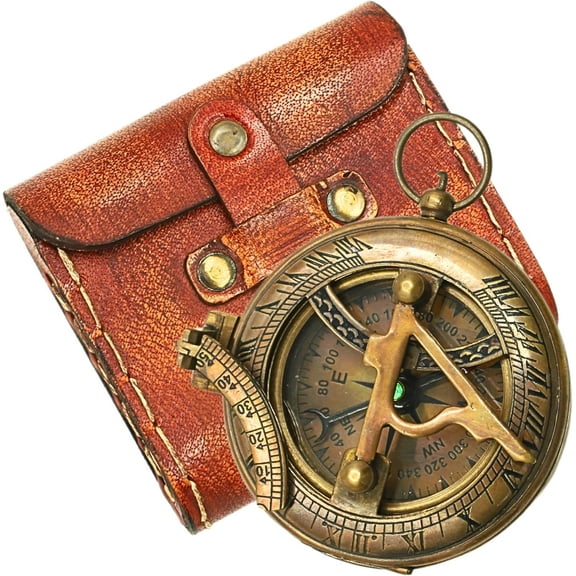 Nautical Sundial Pocket Compass with Leather Case | Compass for Camping, Hiking, Touring - Engraved Gift for Him - Nautical Ship Replica Watch - Sundial Clock in Box
