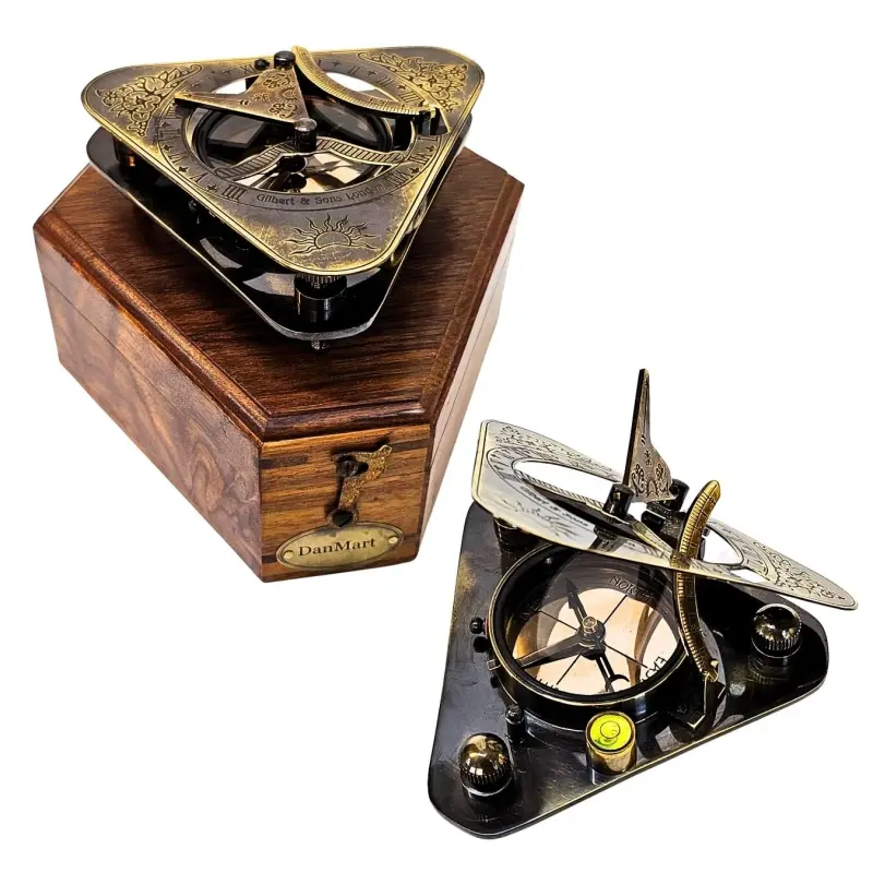 Nautical Sundial Triangle Compass With Wooden Box Antique Vintage Collectible