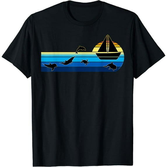 Nautical Sunrise Sailboat with Dolphins Beach Summer Sailing T-Shirt Black Small