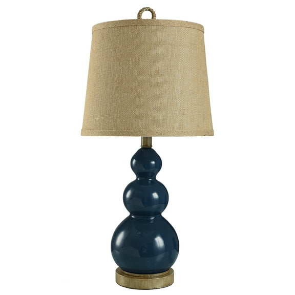 Nautical Table Lamp – Burlap Shade – Circle Faux Rope Finial – Blue Finish