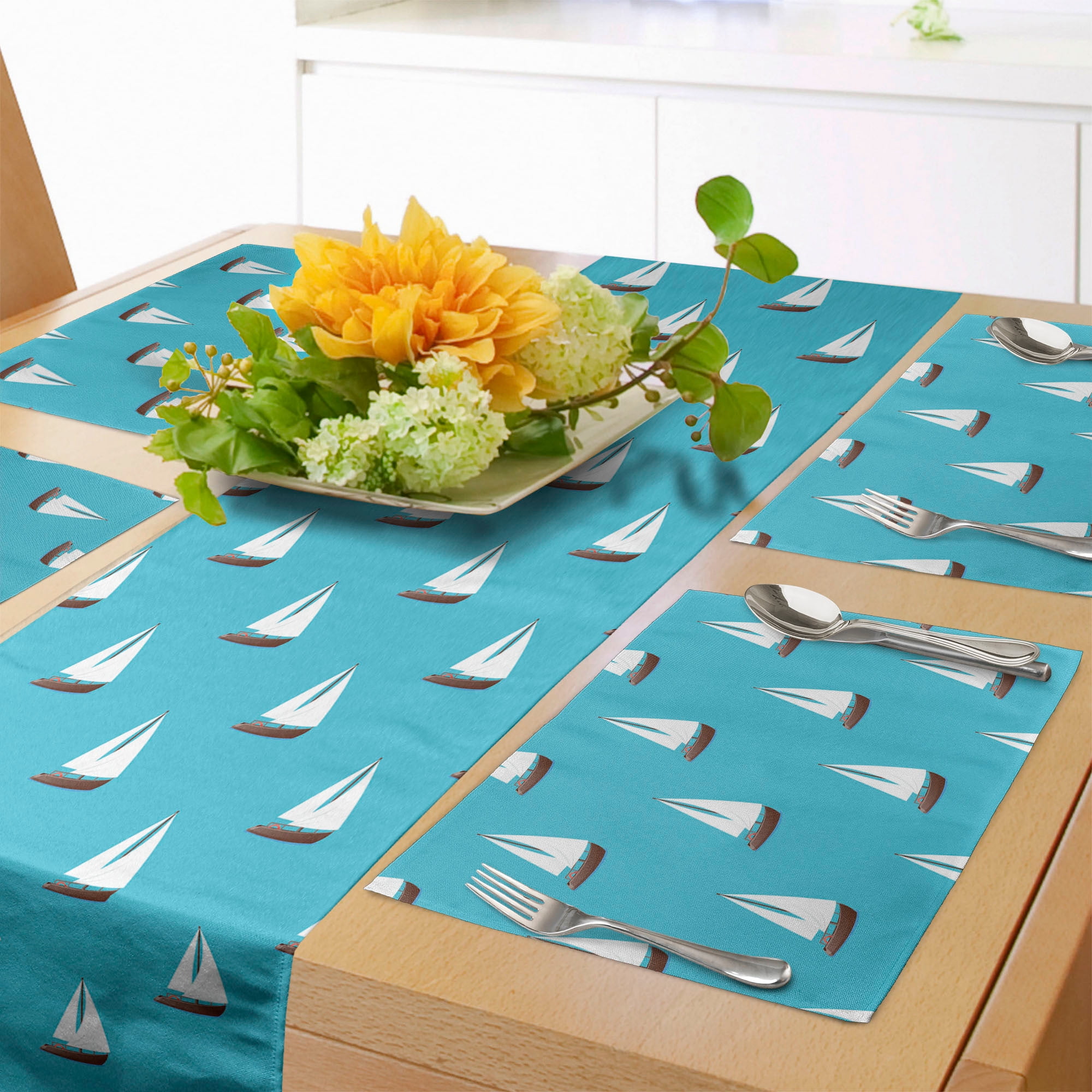 Nautical Table Runner & Placemats, Sailboats Floating in the Sea Vacation Tropical Beach Ocean