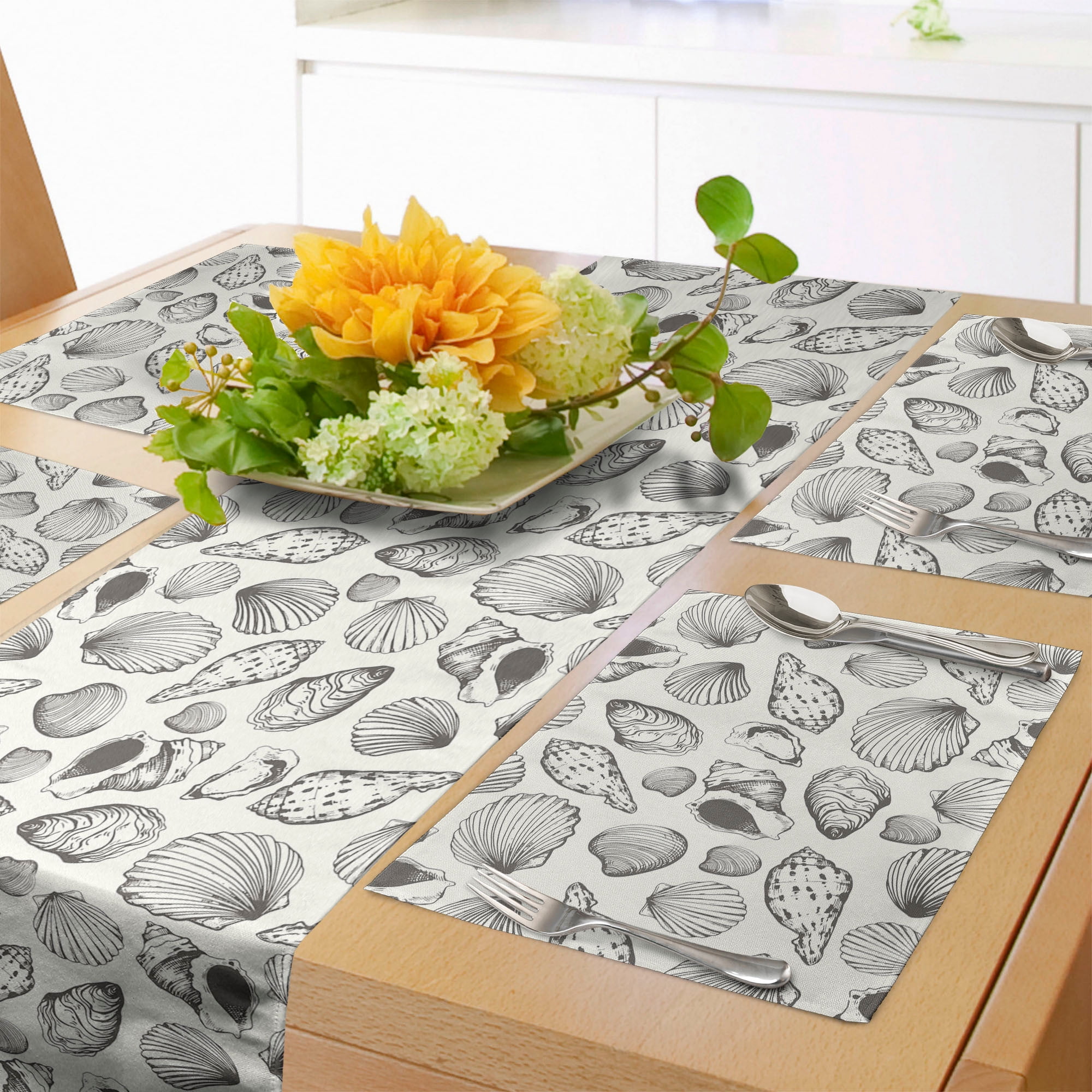 Nautical Table Runner & Placemats, Sketch Style Pattern with Continuous Seashells Summer Beach