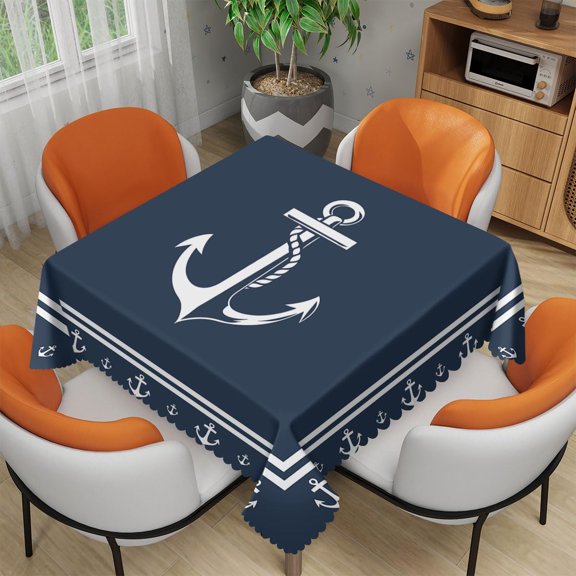 Nautical Tablecloth 54x54 Inch Square Anchor Sailing Ocean Dark Navy Blue Table Cloth Decorations Table Cover for Party Picnic Kitchen Dinner Decor Outdoor