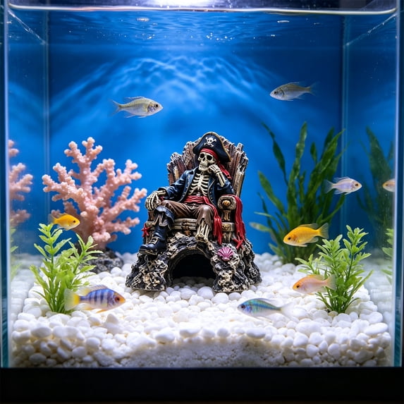 Nautical Tabletop Statue, Resin Skeleton Pirate with Cave for Aquarium Landscaping and Home Decor