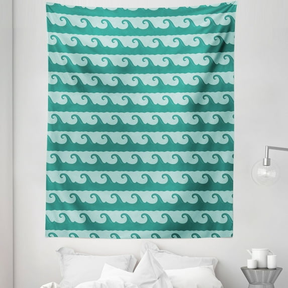 Nautical Tapestry, Cartoon Design Swirling Ocean Waves Flow in Pastel Colors Print, Fabric Wall Hanging Decor for Bedroom Living Room Dorm, 5 Sizes, Teal and Pale Seafoam, by Ambesonne