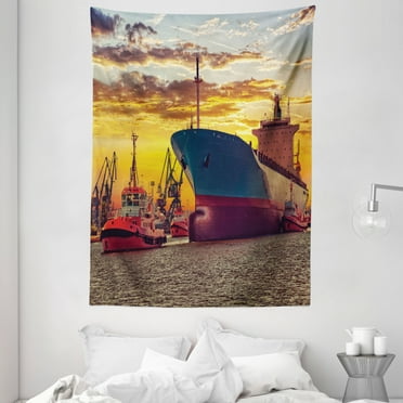 Nautical Tapestry, Giant Transportation Ship Escorting Tugs Leaving Port City Water at Sunset Marine Photo, Wall Hanging for Bedroom Living Room Dorm Decor, 60W X 80L Inches, Multi, by Ambesonne