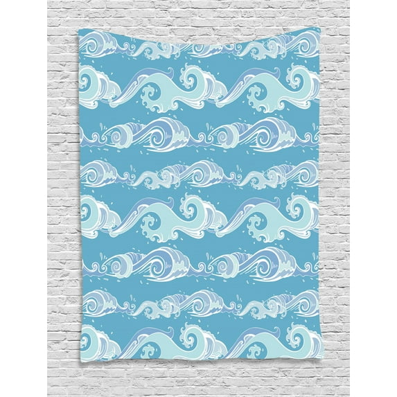 Nautical Tapestry, Horizontally Arranged Sea Waves Splashes, Wall Hanging for Bedroom Living Room Dorm Decor, 40W X 60L Inches, Ceil Blue Pale Seafoam Deep Sky Blue Pale Cadet Blue, by Ambesonne