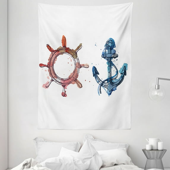 Nautical Tapestry, Illustration of An Anchor and Steering Wheel Watercolors Splashes Ink Brush Effects, Wall Hanging for Bedroom Living Room Dorm Decor, 60W X 80L Inches, Pink Blue, by Ambesonne