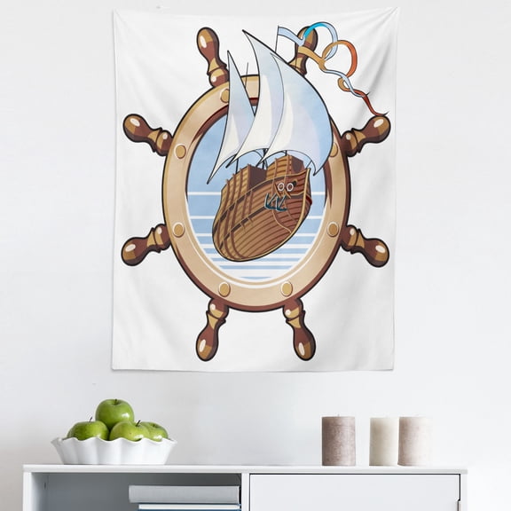 Nautical Tapestry, Image of Ship Is in Framing of Steering Wheel Adventure Nautical Theme Art, Fabric Wall Hanging Decor for Bedroom Living Room Dorm, 5 Sizes, Brown Blue, by Ambesonne