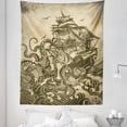 thumbnail image 1 of Nautical Tapestry, Kraken Octopus Tentacles with Ship Sail Old Boat in Ocean Waves, Fabric Wall Hanging Decor for Bedroom Living Room Dorm, 5 Sizes, Yellow Olive, by Ambesonne, 1 of 1