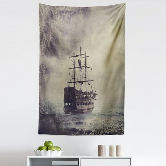 Nautical Tapestry, Old Pirate Ship in the Sea Historical Cruise Retro Voyage Grunge Style Art, Fabric Wall Hanging Decor for Bedroom Living Room Dorm, 5 Sizes, Plum Tan, by Ambesonne