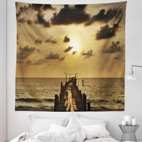 Nautical Tapestry, Old Wooden Deck Pond over the Sea Horizon Sunset Time of the Day Peaceful Scene, Fabric Wall Hanging Decor for Bedroom Living Room Dorm, 5 Sizes, Yellow Grey, by Ambesonne