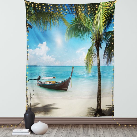 Nautical Tapestry, Small Boat In The Atlantic Ocean Dominican Sunny Sea and Palm Trees Image, Wall Hanging for Bedroom Living Room Dorm Decor, 60W X 80L Inches, Aqua Coconut Green, by Ambesonne
