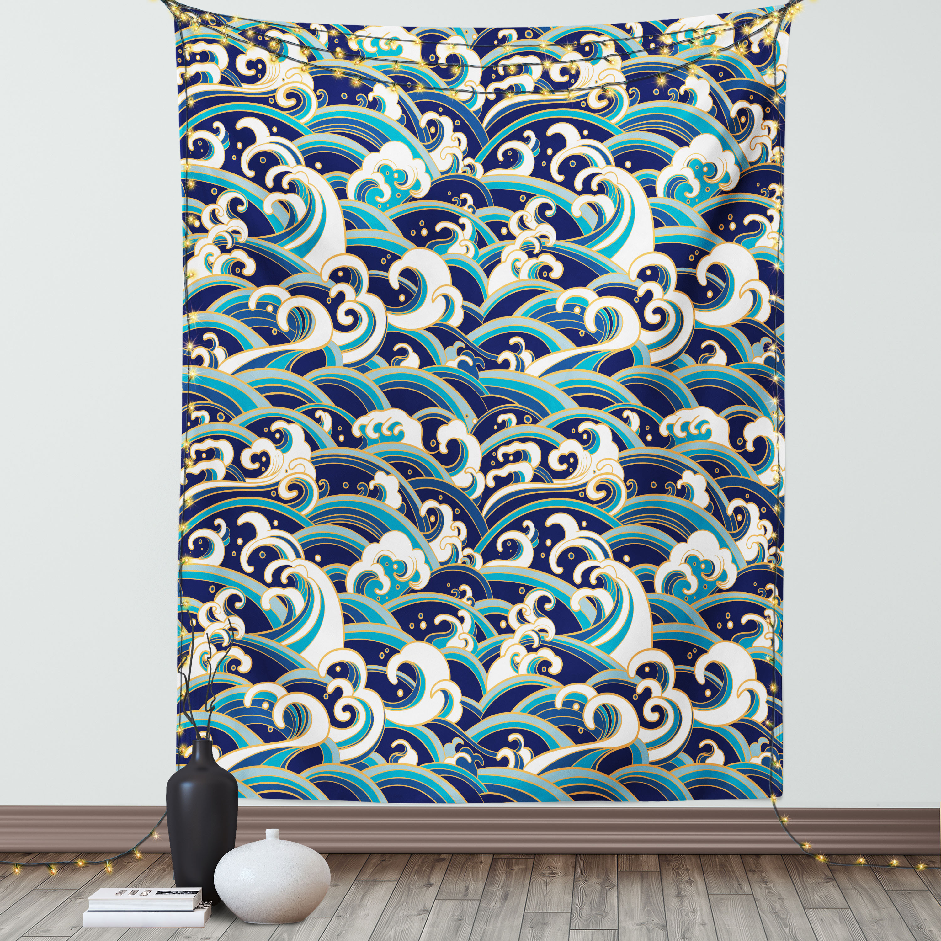 Nautical Tapestry, Traditional Oriental Style Ocean Waves Pattern with Foam and Splashes Print, Wall Hanging for Bedroom Living Room Dorm Decor, 40W X 60L Inches, Blue and White, by Ambesonne - image 1 of 5