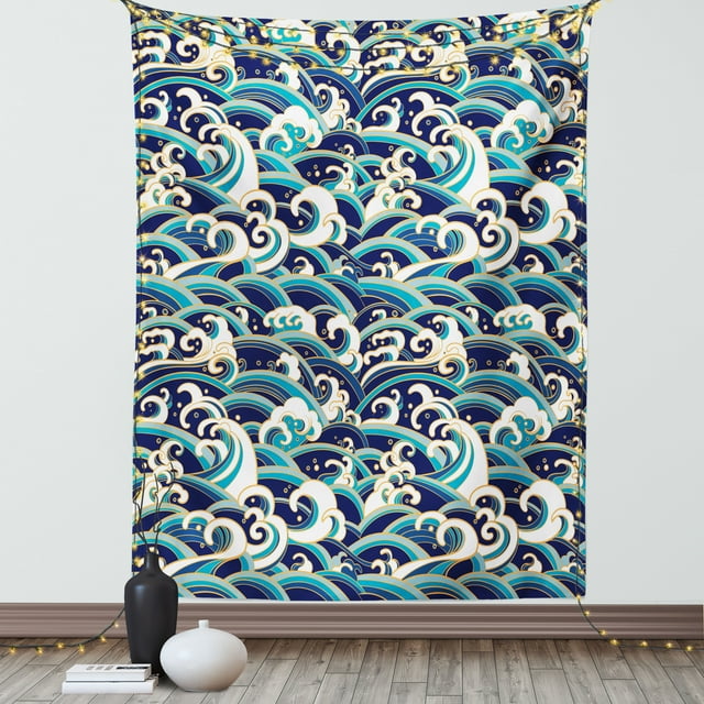 Nautical Tapestry, Traditional Oriental Style Ocean Waves Pattern with Foam and Splashes Print, Wall Hanging for Bedroom Living Room Dorm Decor, 40W X 60L Inches, Blue and White, by Ambesonne