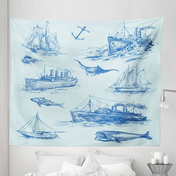 Nautical Tapestry, Nautical Underwater Wildlife Shark Boat Ships Navy Stormy Weather, Fabric Wall Hanging Decor for Bedroom Living Room Dorm, 5 Sizes, Pale Blue Blue, by Ambesonne