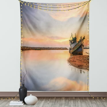 Nautical Tapestry, Vessel on Coast Long Exposure Dramatic Sunset Photo Solitude Lonely Twilight Theme, Wall Hanging for Bedroom Living Room Dorm Decor, 60W X 80L Inches, Blue Peach, by Ambesonne