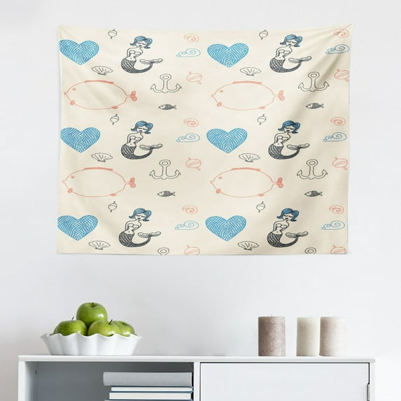 Nautical Tapestry, Zig Zag Chevron Wavy Anchor Life Belt Geometric Shower Illustration, Fabric Wall Hanging Decor for Bedroom Living Room Dorm, 2 Sizes, Turquoise Teal Blue, by Ambesonne