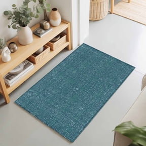 Nautical Teal 2'x3' Rug for Entryway Front Door Kitchen Sink Area, Coastal Teal Blue Solid Background Seafoam Linen Texture Low Pile Washable Non Slip Rectangle Area Rug for Living Room