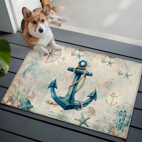 Nautical Teal Anchors Front Door Rugs 2x3 ft Starfish Corals Compass Retro Brown Map Small Rug for Entryway Non Slip Washable Bathroom Door Mat Absorbent Floor Mat for Indoor Entrance