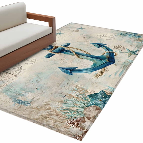 Nautical Teal Anchors Rectangle&nbsp;Area Rug&nbsp;3x5 ft Starfish Corals Compass Retro Brown Map Washable Rugs for Living Room, Non Slip Soft Carpet for Bedroom Entryway Dining Room