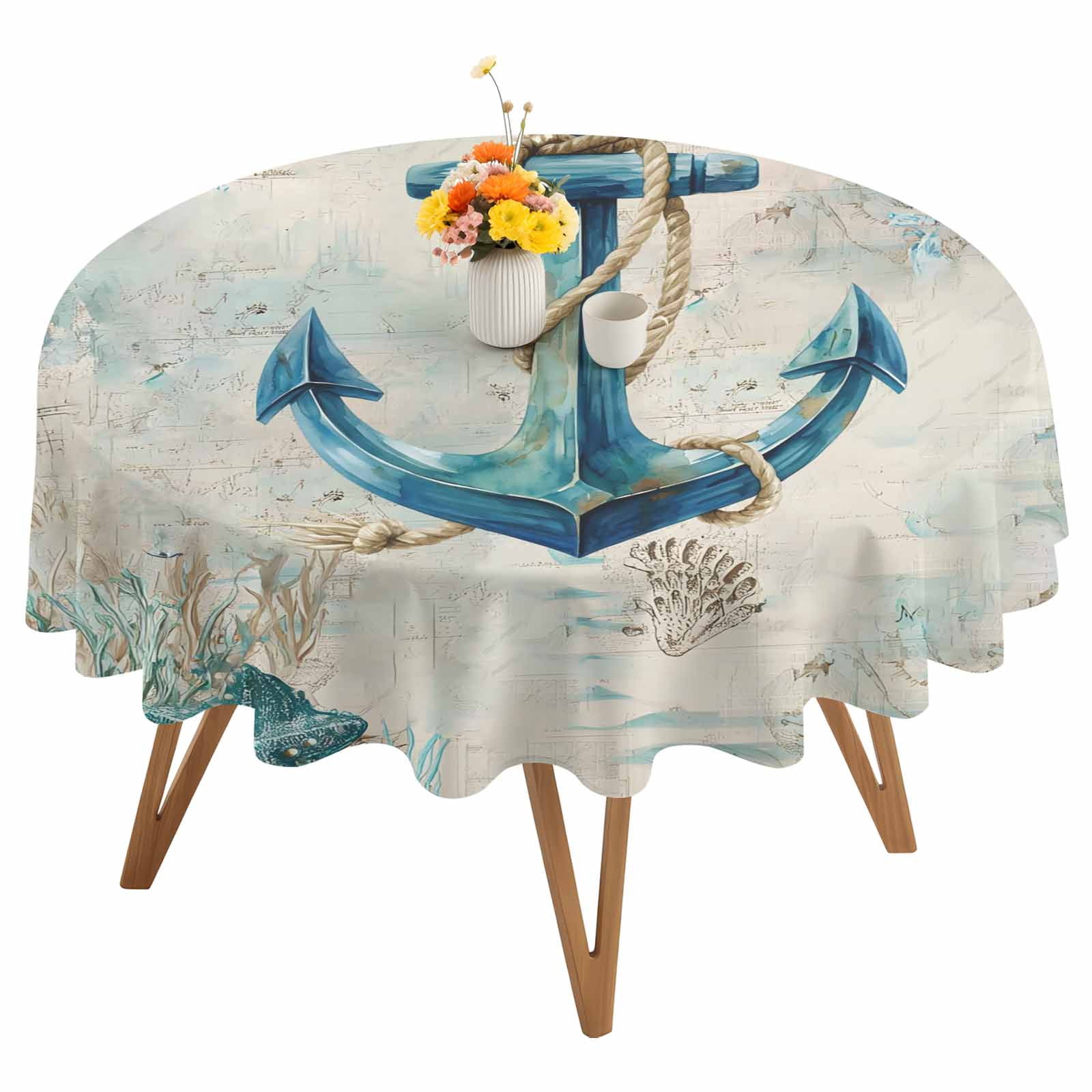 Nautical Teal Anchors Round Tablecloth 60 inches Starfish Corals ...