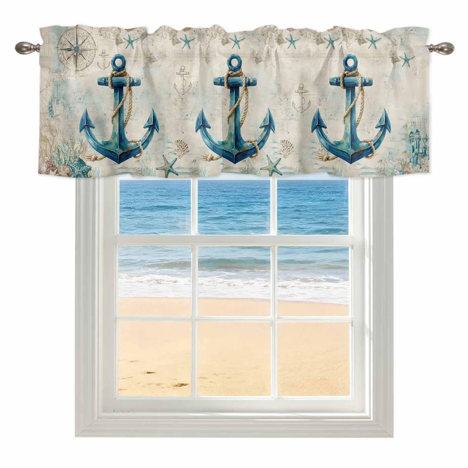 Window Map Rod Nautical Teal Anchors Window Valance for Kitchen, Starfish Corals ...