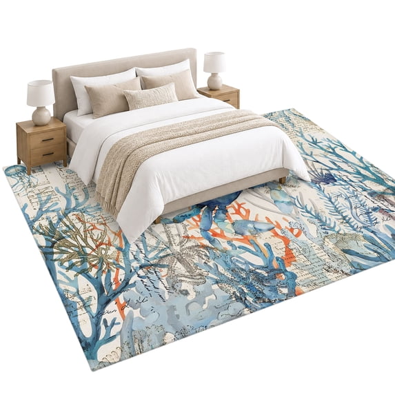 Nautical Teal Area Rug 5'x7', Crab Ocean Coral Starfish Coastal Map ...