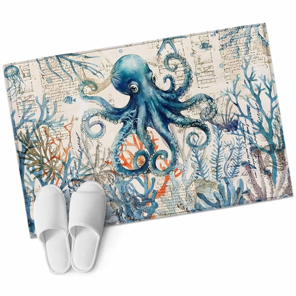 Nautical Teal Area&nbsp;Rug 2x3ft Octopus Ocean Coral Starfish Coastal Map Non-Slip&nbsp;Washable Square&nbsp;Rugs Soft Felt Indoor Floor Mat for Bedroom Kitchen Living Room Bathroom