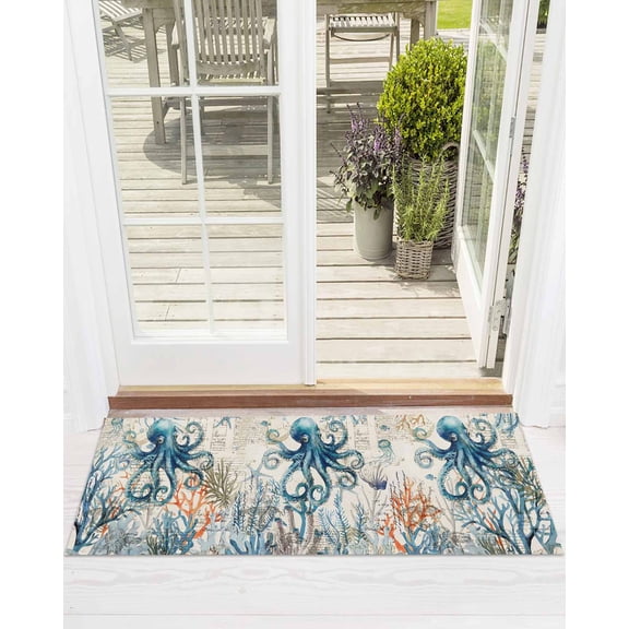 Nautical Teal Front Door Mat Octopus Ocean Coral Starfish Coastal Map Welcome Doormat Indoor Outdoor Entrance Floor Mat Non-Slip Washable Runner Rug for Front Porch Decor 24x71 Inch