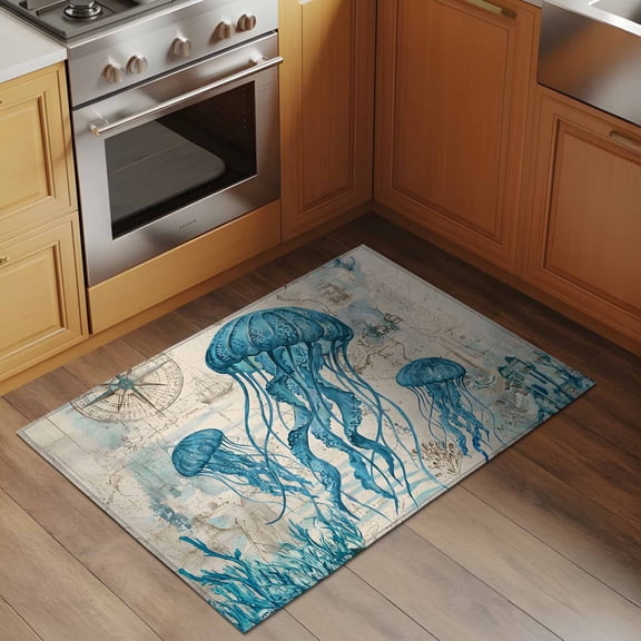 Nautical Teal Jellyfish 2x3 Rug for Entryway Front Door Kitchen Sink Area, Ocean Corals Compass Vintage Brown Map Low Pile Washable Non Slip Rectangle Area Rug