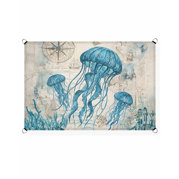 Nautical Teal Jellyfish Sun Shade Sail 6.5'X10' Ocean Corals Compass Vintage Brown Map UV Block Outdoor Sail Shades Breathable Waterproof Rectangular Sunshade for Patio Garden Pool Pergola Porch