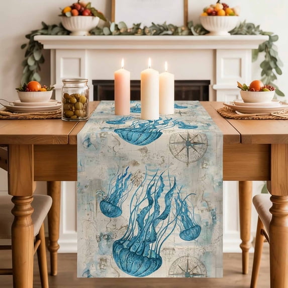 Nautical Teal Jellyfish Table Runner, Ocean Corals Compass Vintage Brown Map Cotton Linen Kitchen Table Decoration Washable Dining Tabletop Runners for Home Party Decor 13x108 Inches
