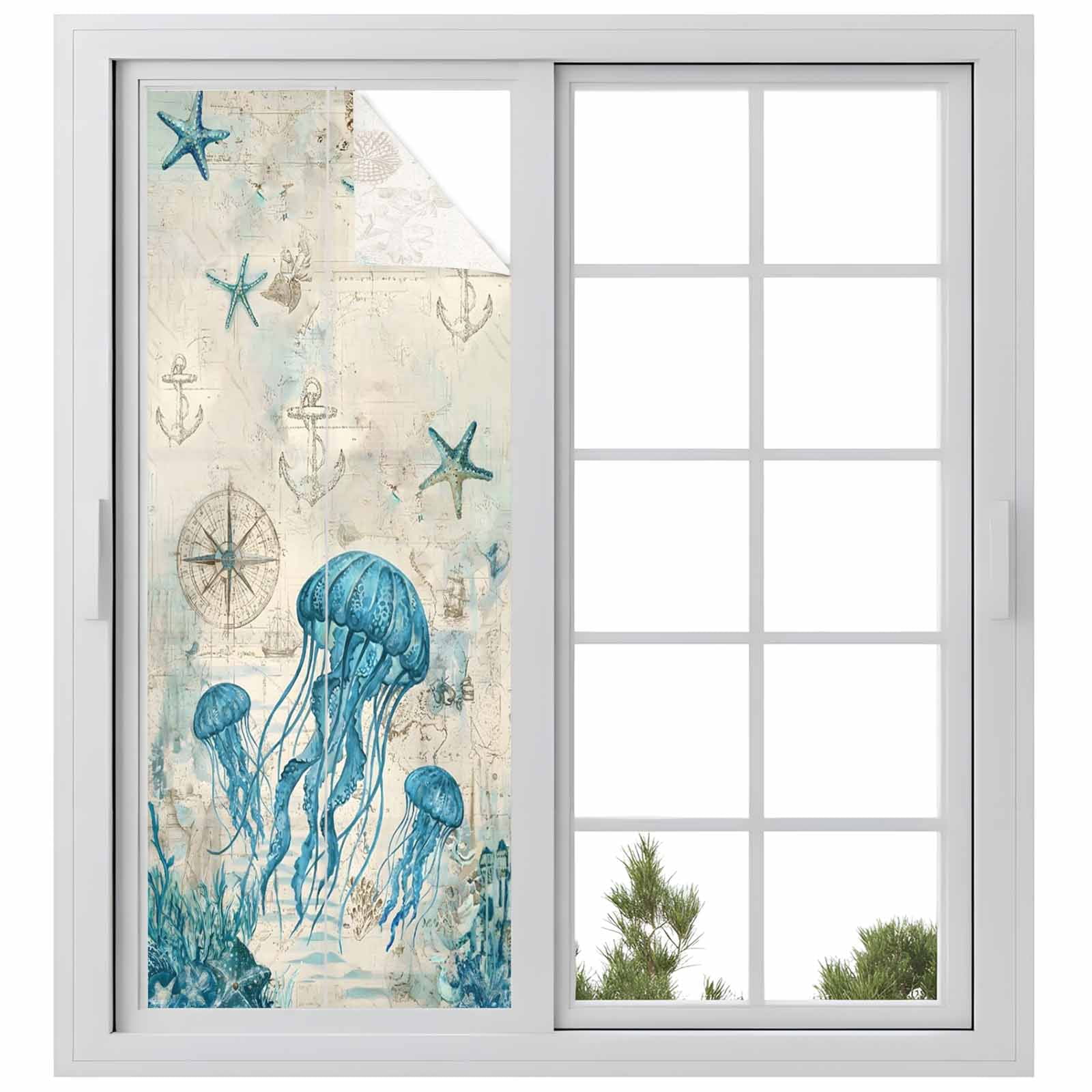 Nautical Teal Jellyfish Window Privacy Film, Ocean Corals Compass Vintage Brown Map Frosted Glass Window Clings Static Cling UV Heat Blocking Reusable Door Sticker for Bathroom 23.6 x 59 Inch