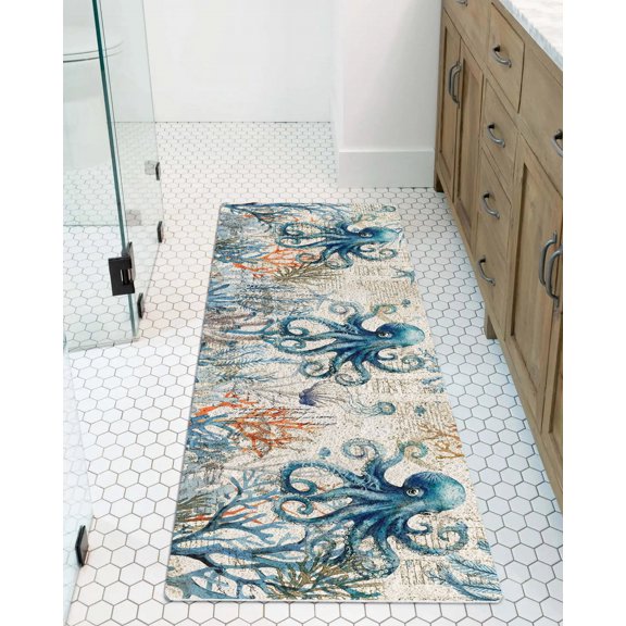 Nautical Teal Non-Slip Bathtub Mat, Octopus Ocean Coral Starfish Coastal Map PVC Bath Mat for Tub Quick Drying Shower Mats for Inside Shower, Foot Scrubber Loofah Bathroom Mats 47x16 Inches