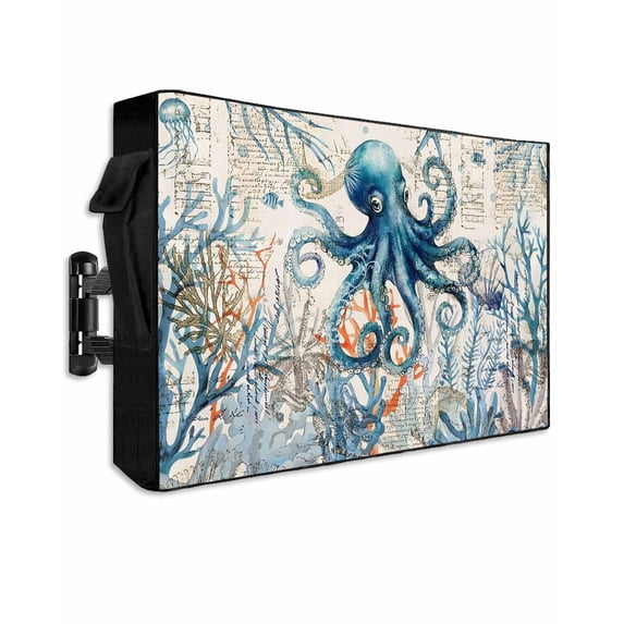 Nautical Teal Outdoor TV Cover 60 to 65 inch Octopus Ocean Coral Starfish Coastal Map Waterproof Dustproof TV Covers for Outside with Zipper Remote Control Pocket Flat Screen Protectors