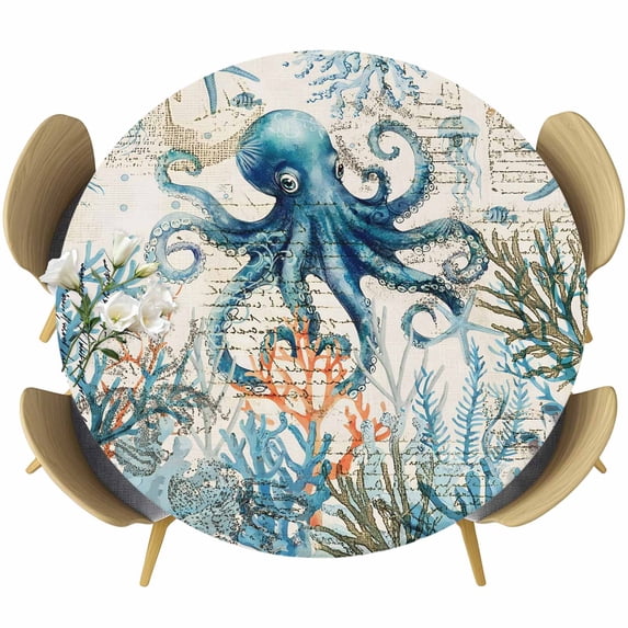 Nautical Teal Round Fitted Table Cover Octopus Ocean Coral Starfish Coastal Map Waterproof Table Cloth with Elastic Edge Wipeable Tablecloth for Picnic Camping Party Fits 55"-60" Diameter