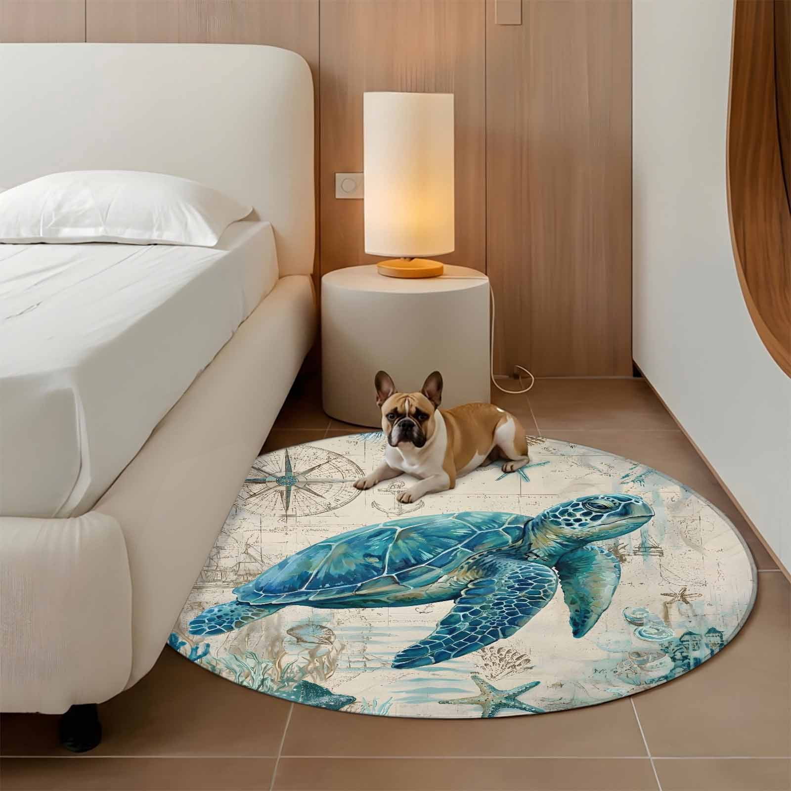 Turtle Rug Cream Nautical Teal Sea Turtles 3ft Round Rug for Bathroom Accent Bedside ...