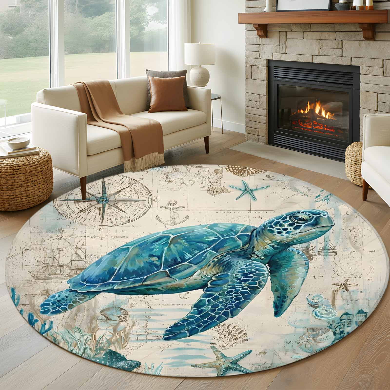 Circle Turtle Rug Nautical Teal Sea Turtles 7ft Round Rug for Living Room Conversation ...