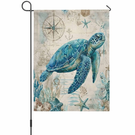 Nautical Teal Sea Turtles Garden Flag 12 x 18 Inches, Corals Compass Vintage Brown Map Weather Proof Outdoor Patio Flags Double Sided Small Garden Decoration for Yard Outside Home