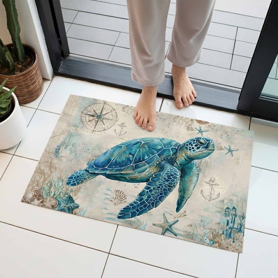 Nautical Teal Sea Turtles Indoor Door Mat 20x31.5 Inch Corals Compass Vintage Brown Map Front Door Mat Non Slip Washable Entryway Rug Low Profile Dirt Trapper Doormat for Bathroom Kitchen Bedroom