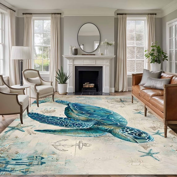 Nautical Teal Sea Turtles Washable Living Room Rugs 5'x7', Corals Compass Vintage Brown Map Low Pile Throw Large Area Rugs Non-Slip Sturdy Edge Binding Carpet for Dining Room Bedside Kitchen