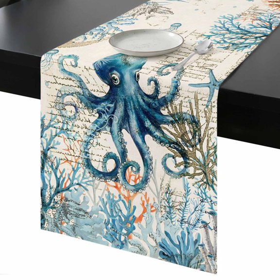 Nautical Teal Table Runner 13x120 Inch Octopus Ocean Coral Starfish Coastal Map Table Runner Non-Slip Dresser Scarves for Holiday Decorations, Party, Dinner and Gatherings, 1 Pack