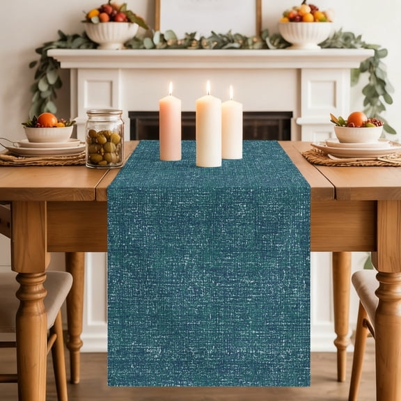 Nautical Teal Table Runner 13x70 Inch Coastal Teal Blue Solid Background Seafoam Linen Texture Cotton Linen Dining Table Runner Ideal for Dresser Kitchen Coffee Tables - Machine Washable