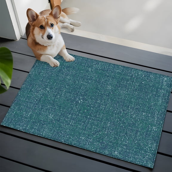 Nautical Teal Washable Entry Rug 2x3 Coastal Teal Blue Solid Background Seafoam Linen Texture Low Pile Indoor Door Mat with Rubber Backing Thin Area Rug for for Entrance, Bedroom, Kitchen, Laundry