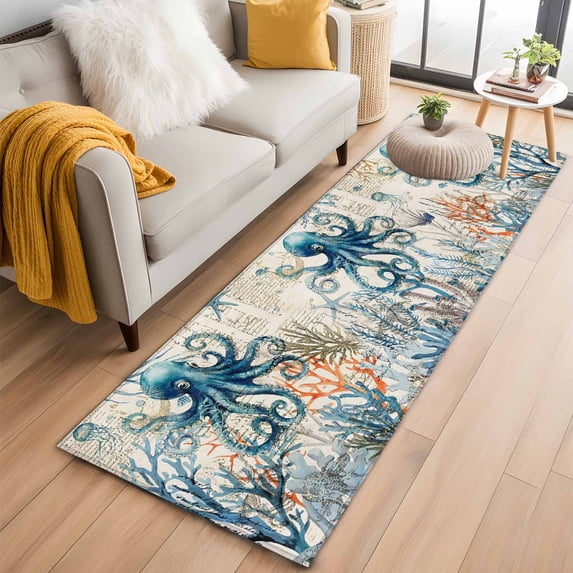 Nautical Teal Washable Runner Rugs 2'x6', Octopus Ocean Coral Starfish Coastal Map Low Pile Throw Entryway Rug Non-Slip Sturdy Edge Binding Carpet for Indoor Bedside Entrance Bedside