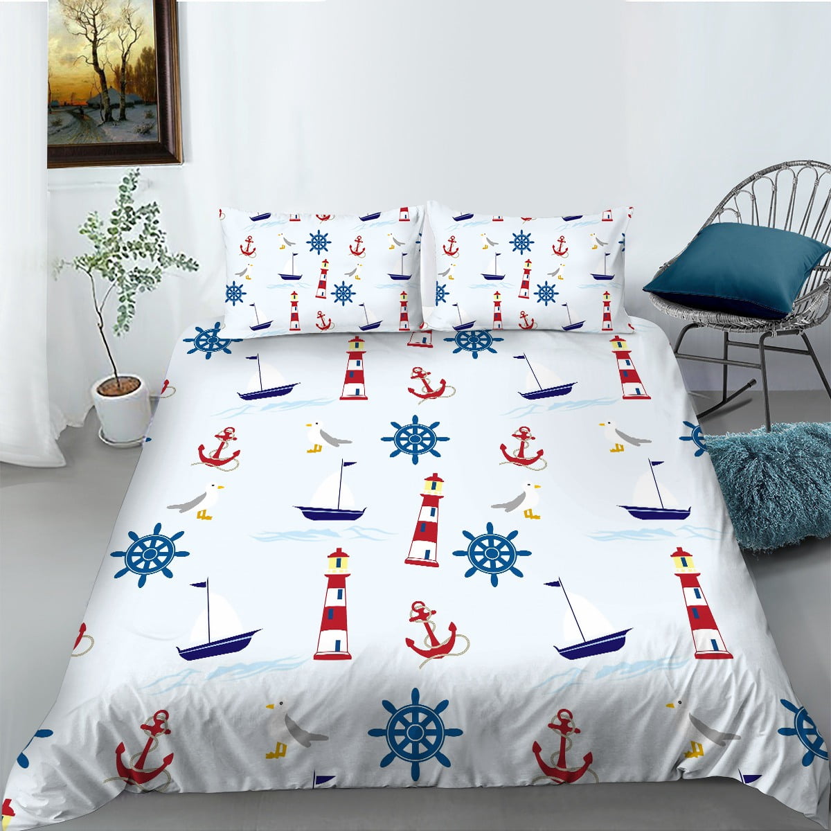 Nautical Theme Anchor Lighthouse Sailboat Print Duvet Cover Microfiber