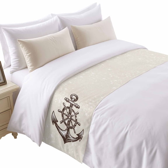 Nautical Theme Bed Runner for Queen Size Bed, Vintage Anchor and Rudder Shining Stars Linen Soft Bedding Scarf Bedding Protector Slipcover Sofa Throw for Bedroom Hotel Guesthouse