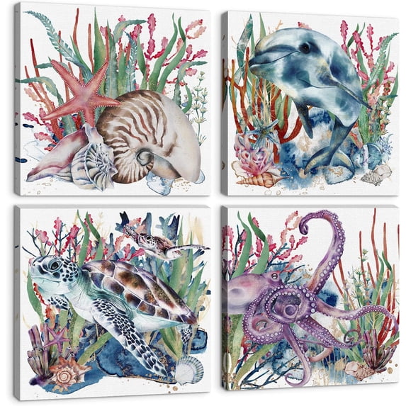 Nautical Theme Canvas Wall Art for Kids Bedroom Colorful Sea Turtle Dolphin Octopus Wall Decor Ocean Life Prints Pictures 16x16" 4Pcs Rustic Artworks Paintings for Bathroom Nursery Home Decoration
